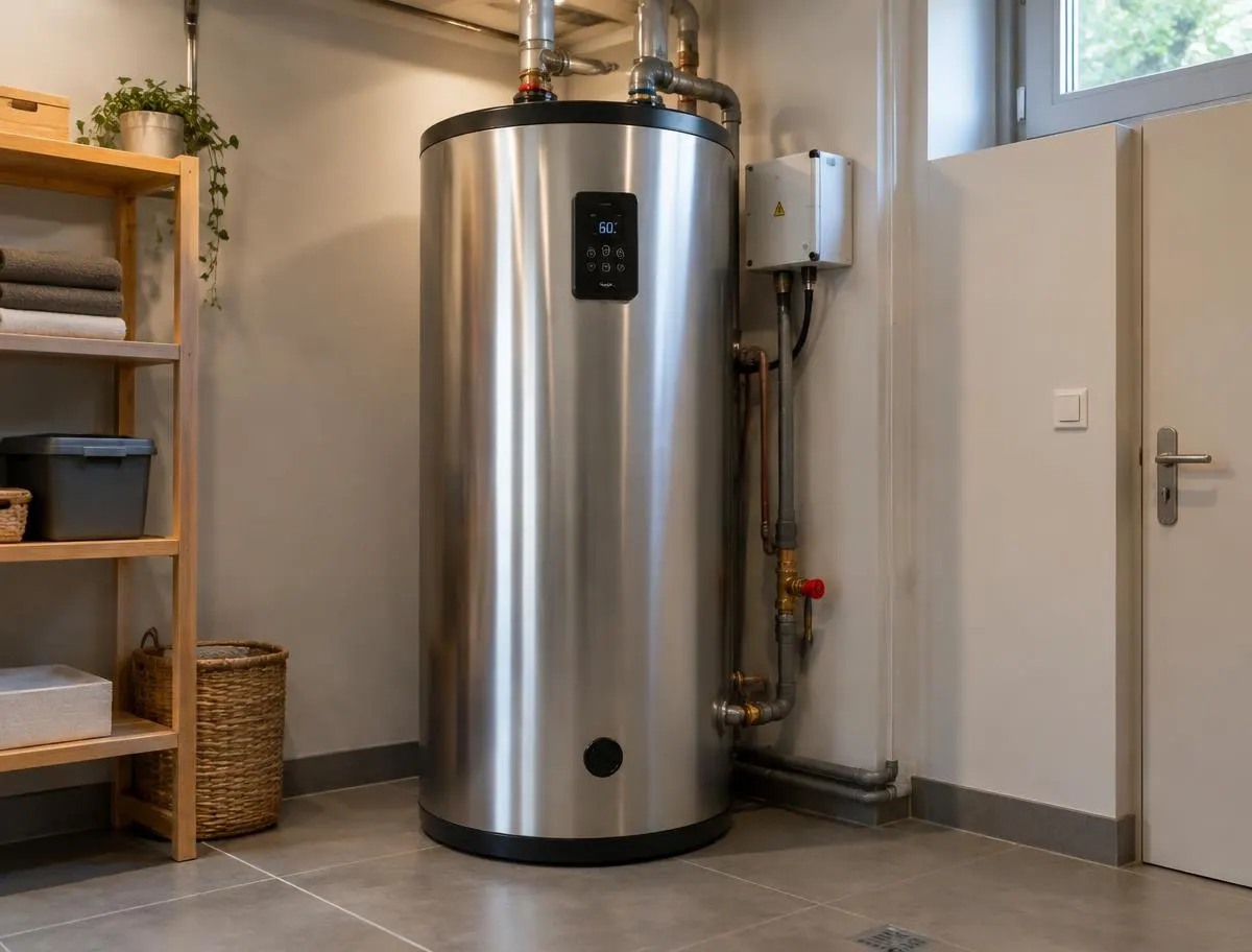 Boiler elétrico de aço inox instalado em área técnica