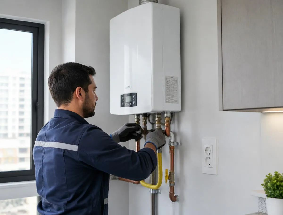 Técnico instalando aquecedor a gás na parede